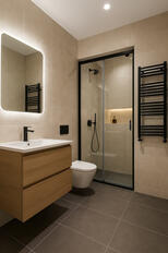 Ankara'da TDA tarafından tamamlanmış modern anahtar teslim banyo tadilatı projesi. Banyo tadilatı sırasında büyük ebat seramik fayans döşeme uygulaması. Sızdırmazlık garantili cam duşakabin ve banyo duş sistemi yenileme. Ankara banyo dolabı ve modern lavab