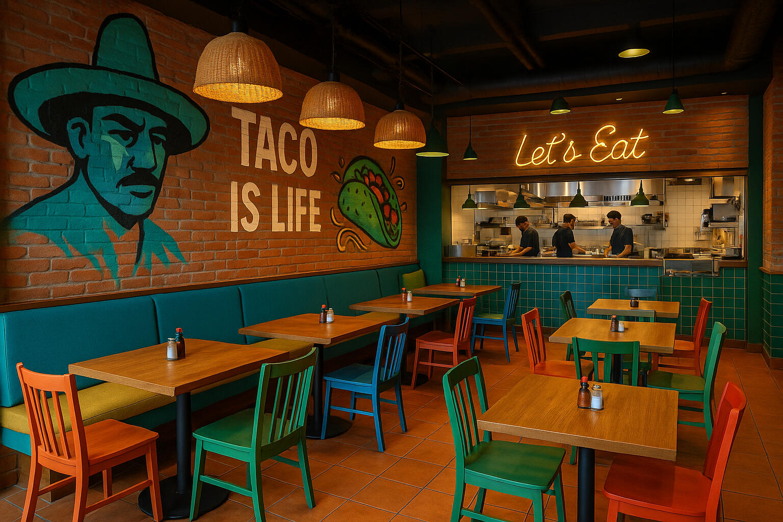 Taco Restoranı İçin Yapılan Modern Fast Food Tadilatı – Ankara Taco restoranı iç mekan tadilatı, modern fast food konseptiyle yenilenmiş oturma alanları ve servis tezgahı