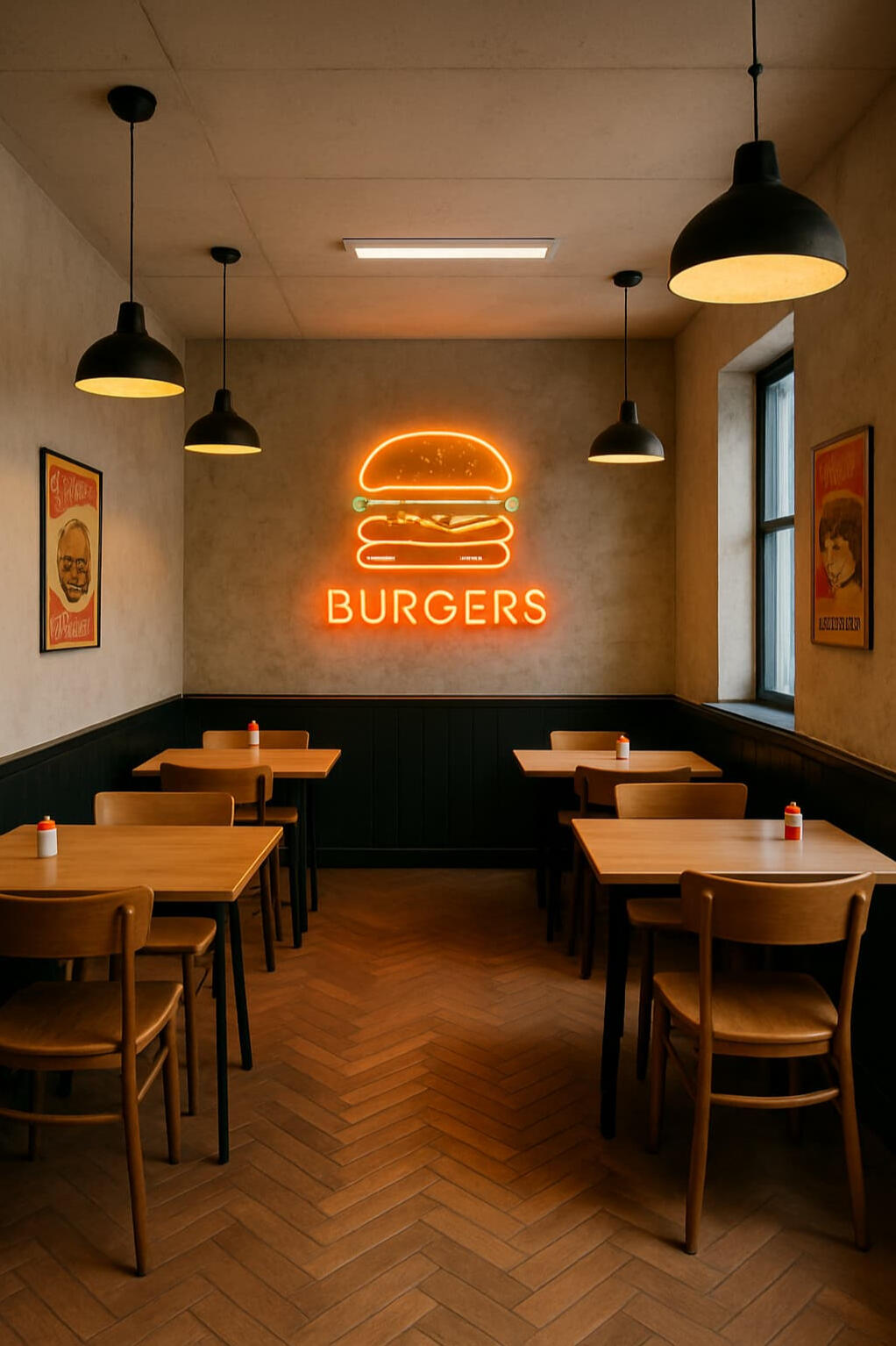 Burger Dükkanı Tadilatı – Modern Fast Food Mekân Tasarımı Burger restoranı iç mekan tadilatı, modern fast food dekorasyonu ve ferah oturma alanlarıyla yenilenmiş konsept